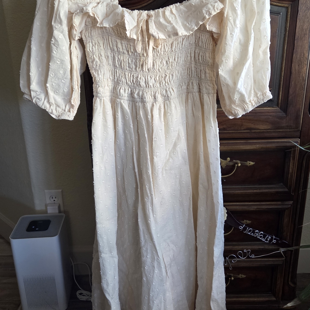 Cream Puff-Sleeve Midi Dress with Smocked Bodice
